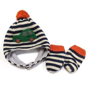 Baby Boden Winter Hat Mittens Set Boys Size 0-6m Blue Car Pom Pom